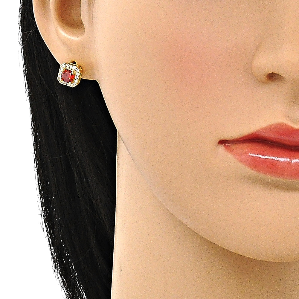 Oro Laminado Stud Earring, Gold Filled Style with Garnet Cubic Zirconia and White Micro Pave, Polished, Golden Finish