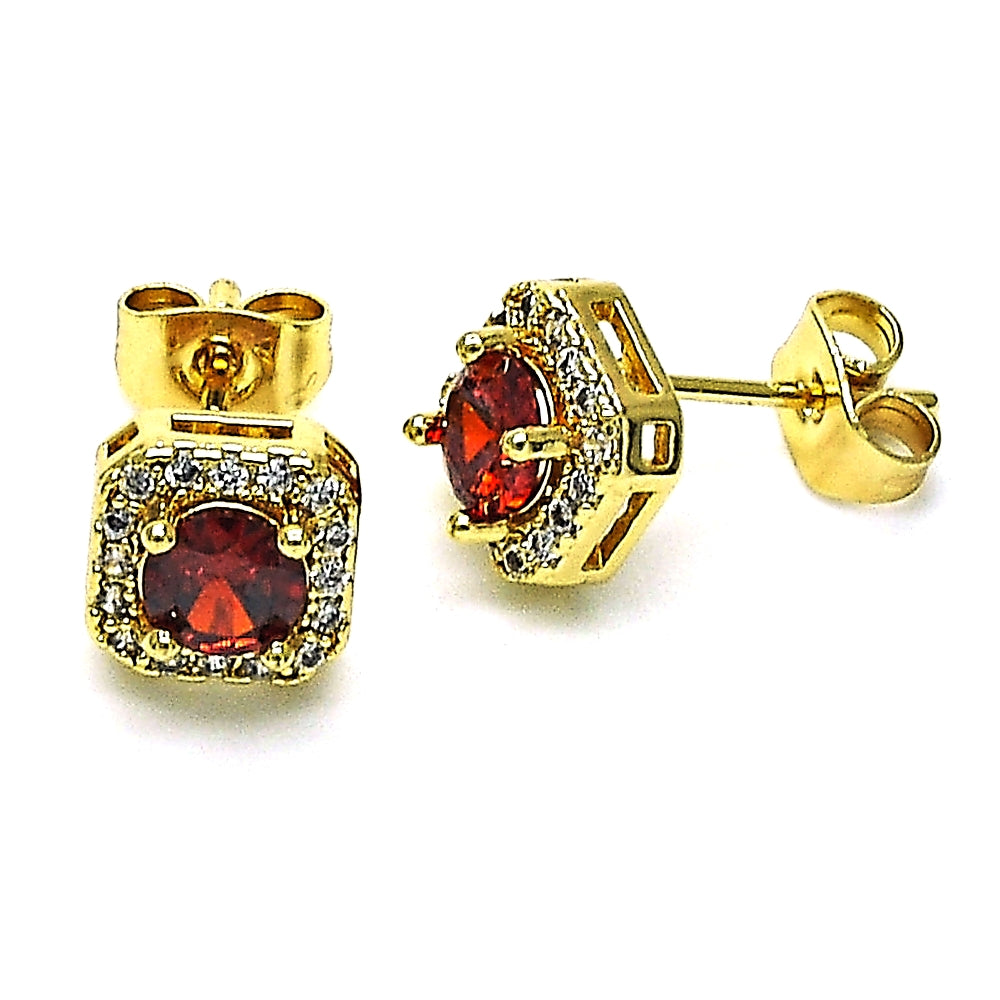 Oro Laminado Stud Earring, Gold Filled Style with Garnet Cubic Zirconia and White Micro Pave, Polished, Golden Finish