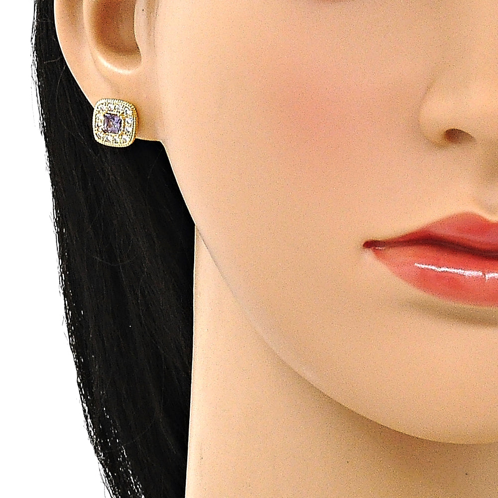 Oro Laminado Stud Earring, Gold Filled Style with Amethyst Cubic Zirconia and White Micro Pave, Polished, Golden Finish