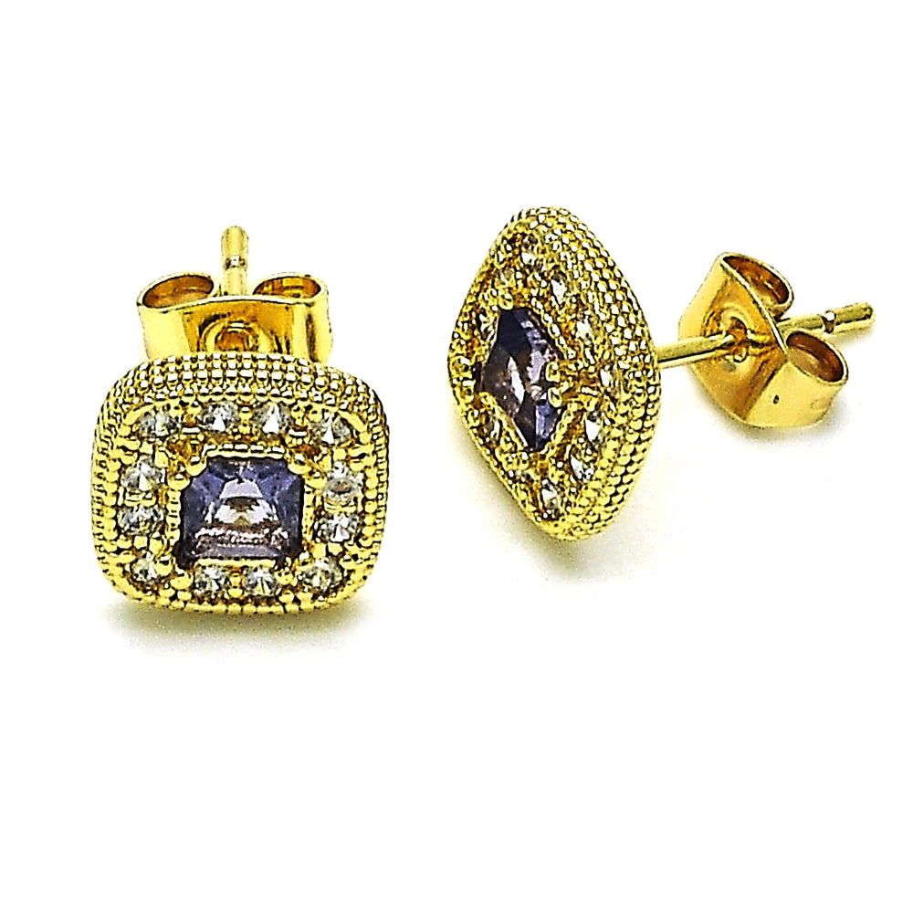 Oro Laminado Stud Earring, Gold Filled Style with Amethyst Cubic Zirconia and White Micro Pave, Polished, Golden Finish