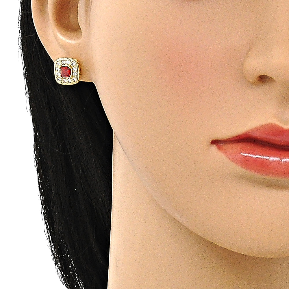 Oro Laminado Stud Earring, Gold Filled Style with Garnet Cubic Zirconia and White Micro Pave, Polished, Golden Finish