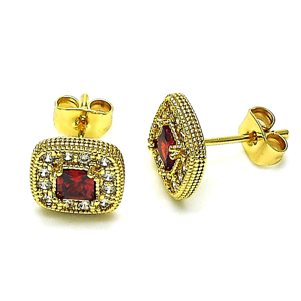 Oro Laminado Stud Earring, Gold Filled Style with Garnet Cubic Zirconia and White Micro Pave, Polished, Golden Finish
