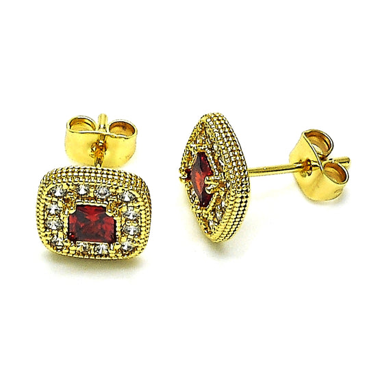 Oro Laminado Stud Earring, Gold Filled Style with Garnet Cubic Zirconia and White Micro Pave, Polished, Golden Finish