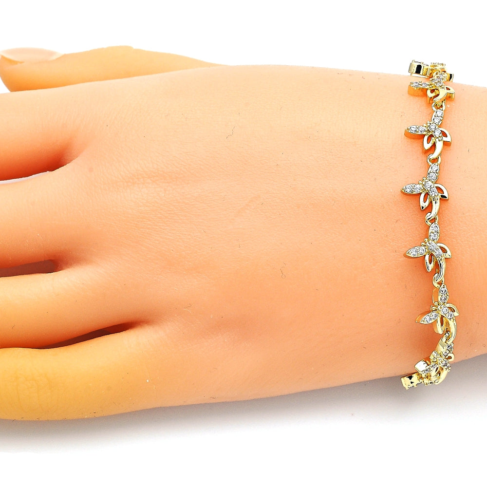 Oro Laminado Fancy Bracelet, Gold Filled Style Dragon-Fly Design, with White Micro Pave, Polished, Golden Finish
