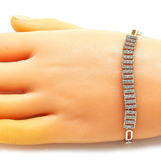 Oro Laminado Fancy Bracelet, Gold Filled Style with White Micro Pave, Polished, Golden Finish