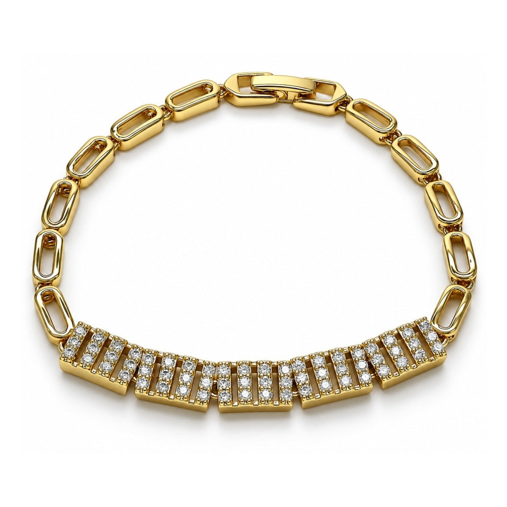 Oro Laminado Fancy Bracelet, Gold Filled Style with White Micro Pave, Polished, Golden Finish