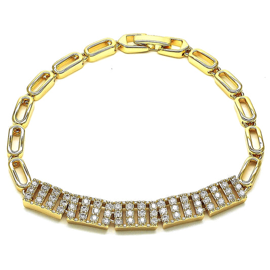Oro Laminado Fancy Bracelet, Gold Filled Style with White Micro Pave, Polished, Golden Finish