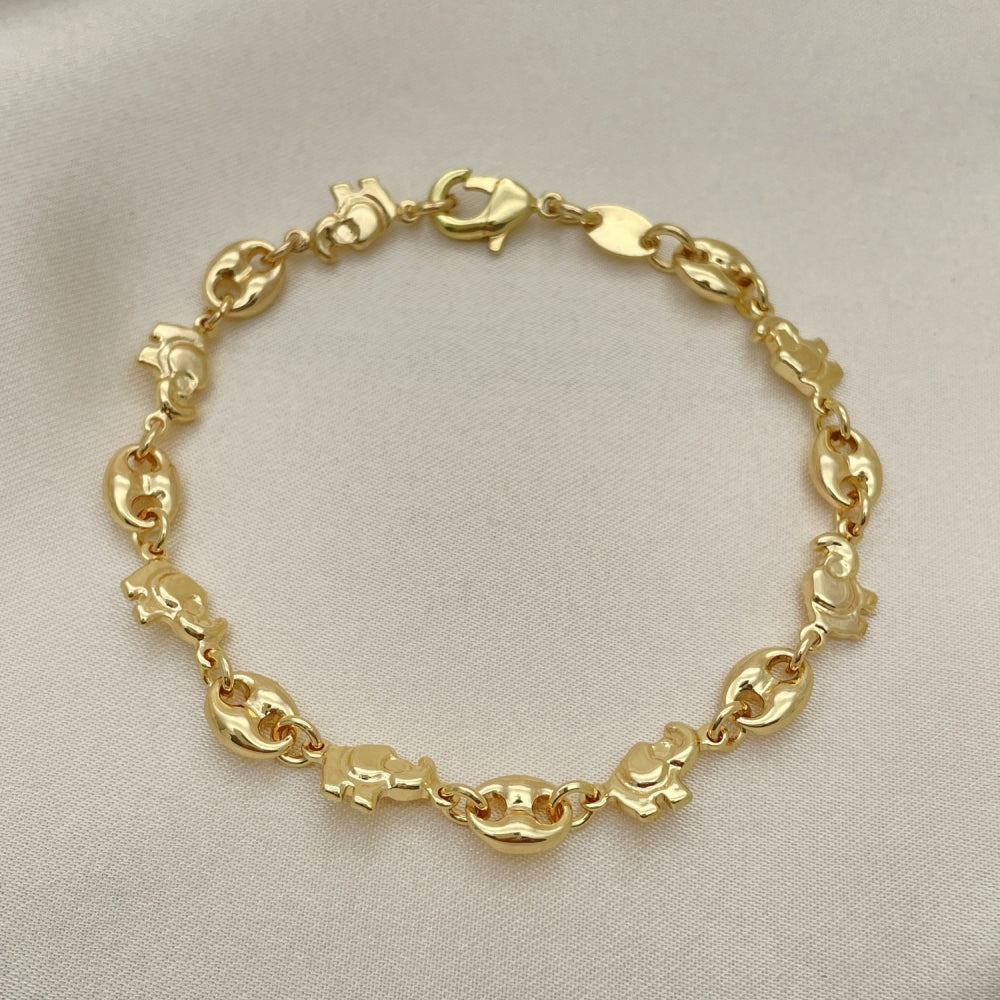 Oro Laminado Fancy Bracelet, Gold Filled Style Elephant and Paperclip Design, Polished, Golden Finish