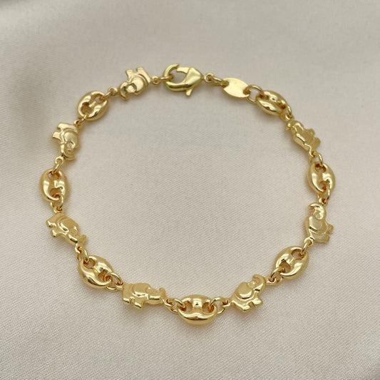 Oro Laminado Fancy Bracelet, Gold Filled Style Elephant and Paperclip Design, Polished, Golden Finish