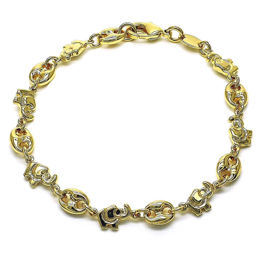 Oro Laminado Fancy Bracelet, Gold Filled Style Elephant and Paperclip Design, Polished, Golden Finish