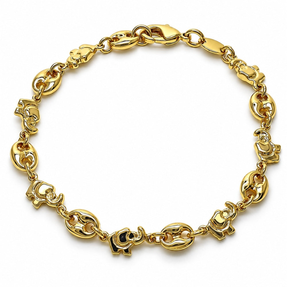 Oro Laminado Fancy Bracelet, Gold Filled Style Elephant and Paperclip Design, Polished, Golden Finish