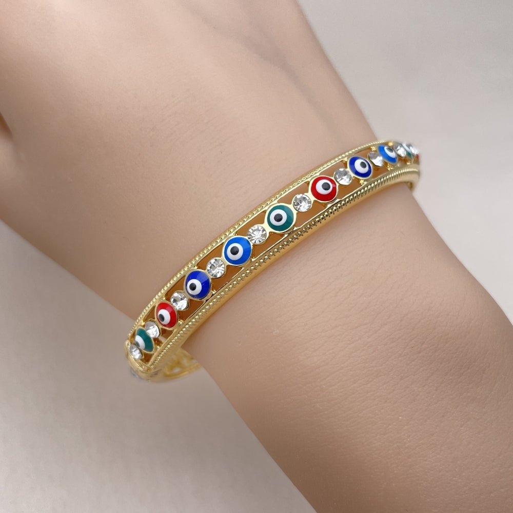 Oro Laminado Individual Bangle, Gold Filled Style Evil Eye Design, with White Crystal, Multicolor Enamel Finish, Golden Finish