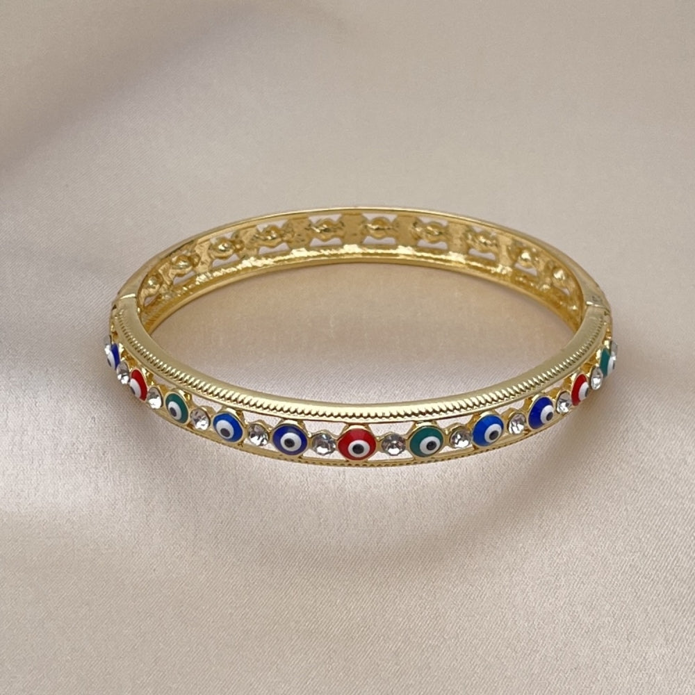 Oro Laminado Individual Bangle, Gold Filled Style Evil Eye Design, with White Crystal, Multicolor Enamel Finish, Golden Finish