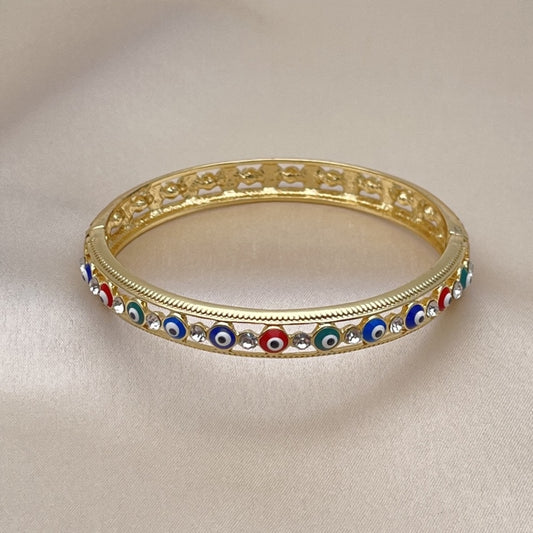 Oro Laminado Individual Bangle, Gold Filled Style Evil Eye Design, with White Crystal, Multicolor Enamel Finish, Golden Finish