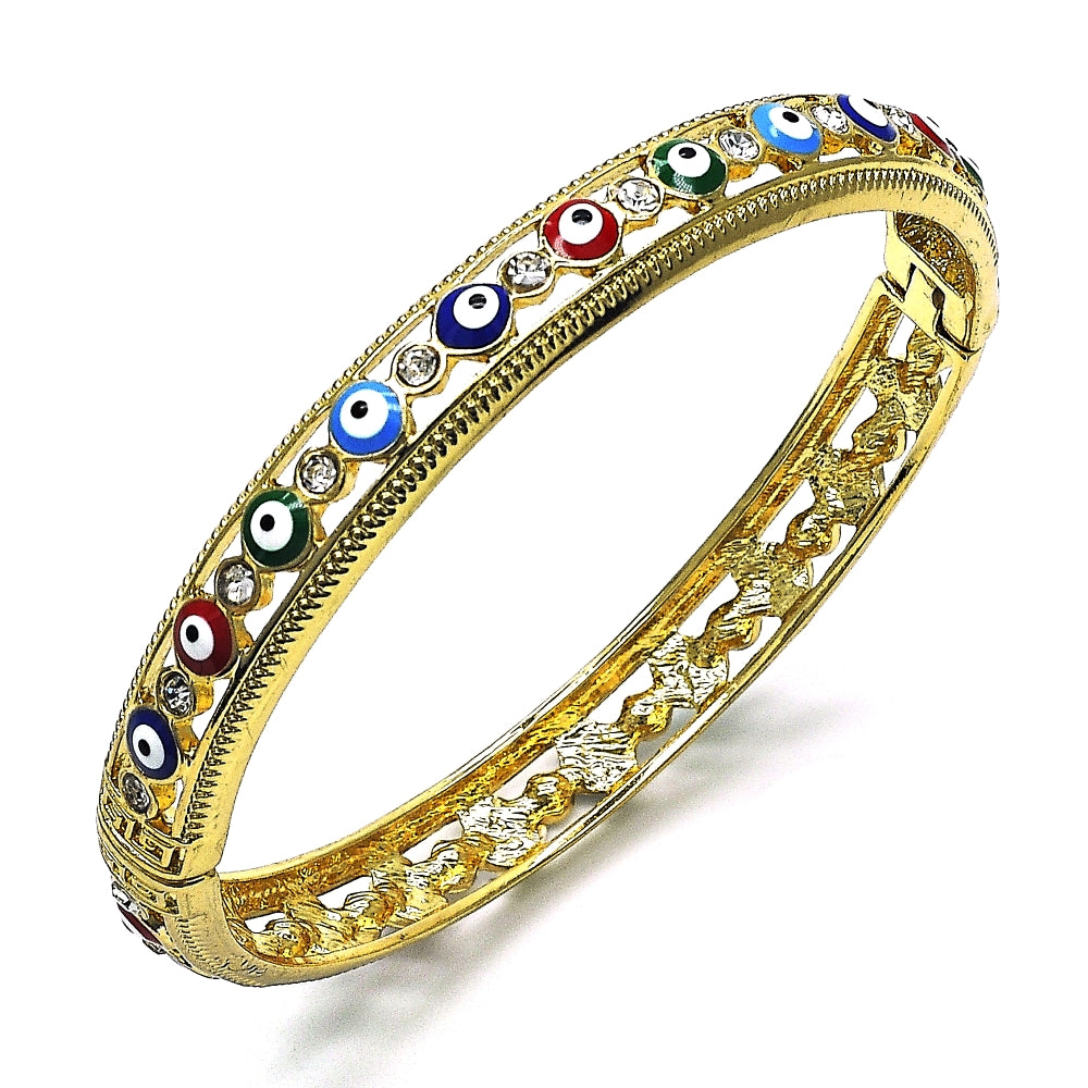 Oro Laminado Individual Bangle, Gold Filled Style Evil Eye Design, with White Crystal, Multicolor Enamel Finish, Golden Finish