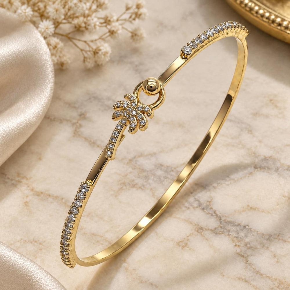Oro Laminado Individual Bangle, Gold Filled Style Palm Tree Design, with White Micro Pave and White Crystal, Polished, Golden Finish