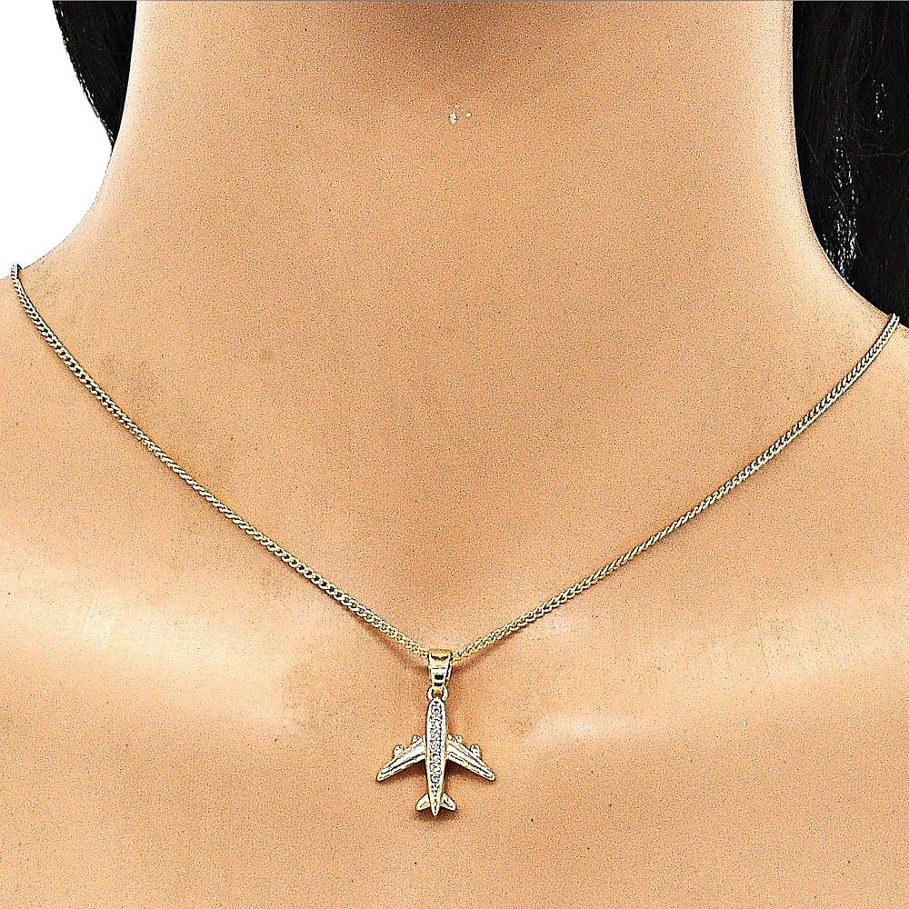 Oro Laminado Earring and Pendant Adult Set, Gold Filled Style Airplane Design, with White Micro Pave, Polished, Golden Finish