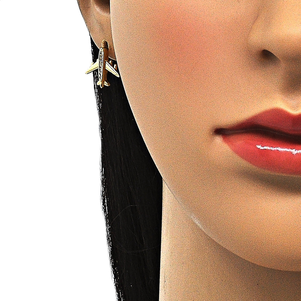 Oro Laminado Earring and Pendant Adult Set, Gold Filled Style Airplane Design, with White Micro Pave, Polished, Golden Finish