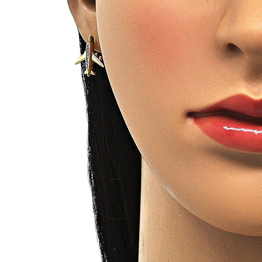 Oro Laminado Earring and Pendant Adult Set, Gold Filled Style Airplane Design, with White Micro Pave, Polished, Golden Finish