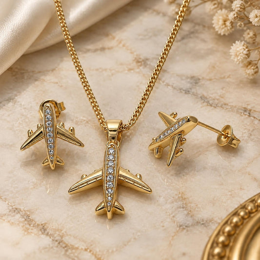 Oro Laminado Earring and Pendant Adult Set, Gold Filled Style Airplane Design, with White Micro Pave, Polished, Golden Finish