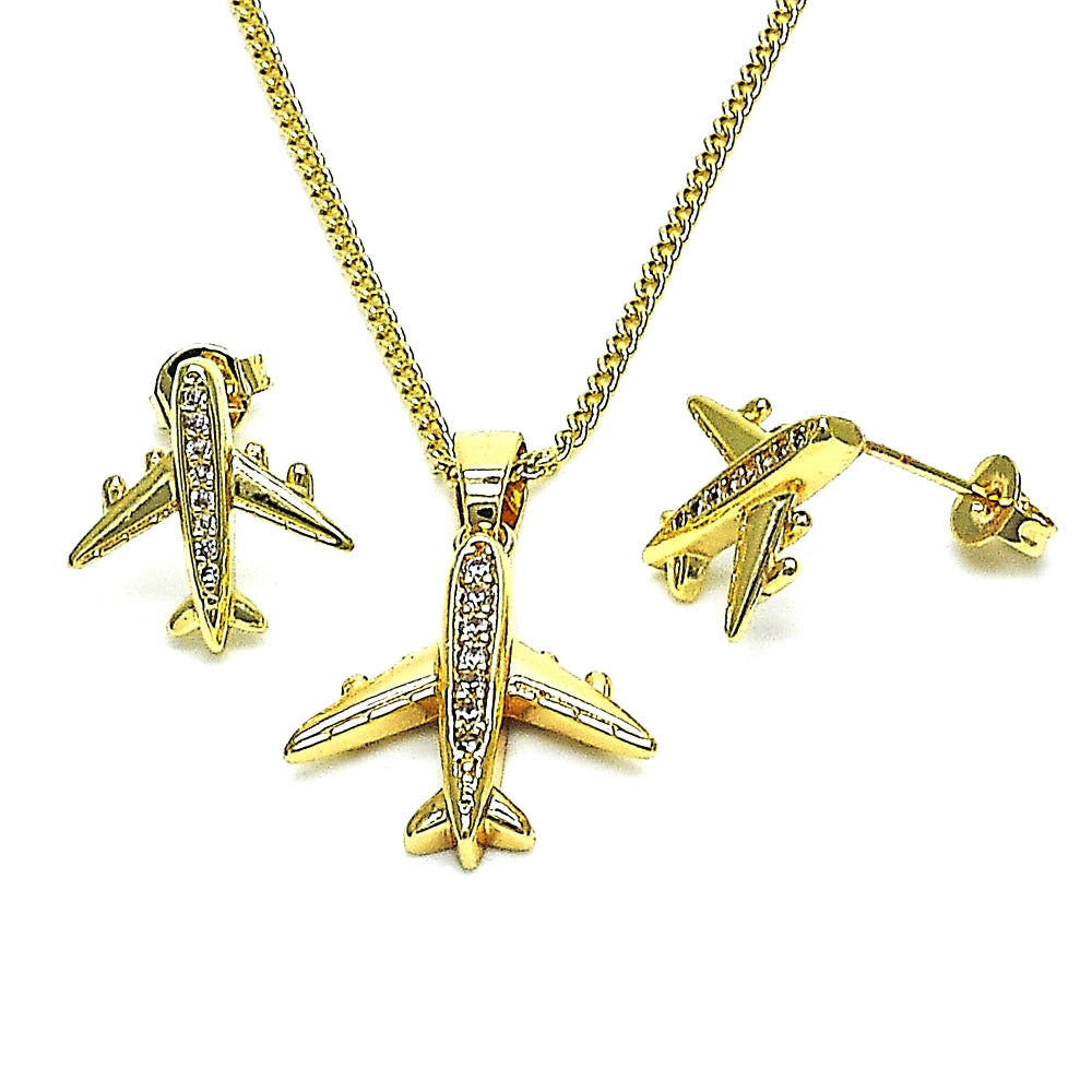 Oro Laminado Earring and Pendant Adult Set, Gold Filled Style Airplane Design, with White Micro Pave, Polished, Golden Finish