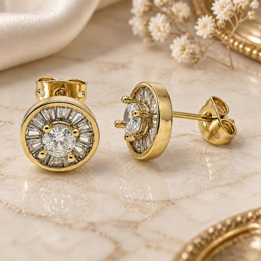 Oro Laminado Stud Earring, Gold Filled Style Baguette Design, with White Cubic Zirconia, Polished, Golden Finish