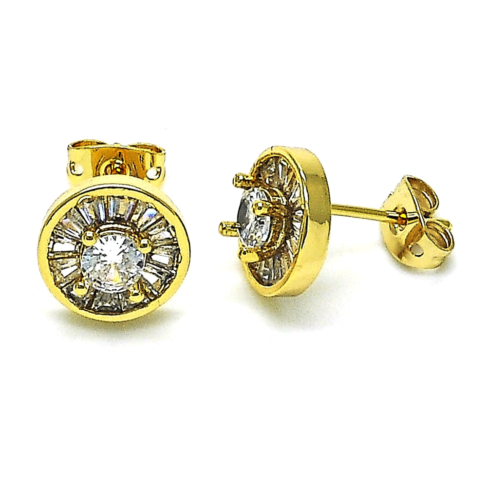 Oro Laminado Stud Earring, Gold Filled Style Baguette Design, with White Cubic Zirconia, Polished, Golden Finish