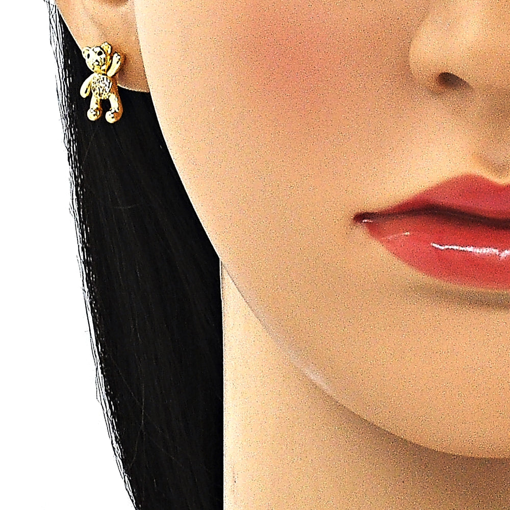 Oro Laminado Stud Earring, Gold Filled Style Teddy Bear Design, with White and Black Micro Pave, Polished, Golden Finish
