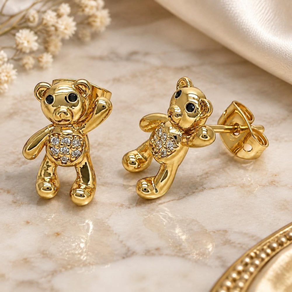 Oro Laminado Stud Earring, Gold Filled Style Teddy Bear Design, with White and Black Micro Pave, Polished, Golden Finish