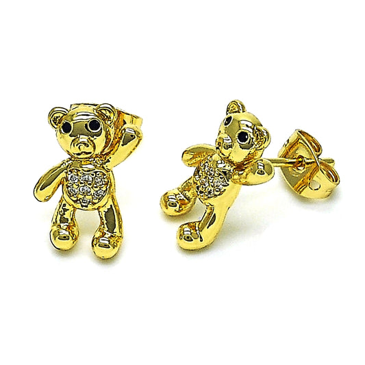 Oro Laminado Stud Earring, Gold Filled Style Teddy Bear Design, with White and Black Micro Pave, Polished, Golden Finish