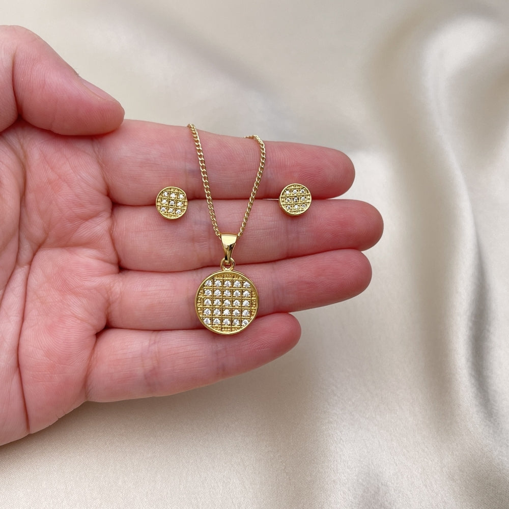 Oro Laminado Earring and Pendant Adult Set, Gold Filled Style with White Micro Pave, Polished, Golden Finish