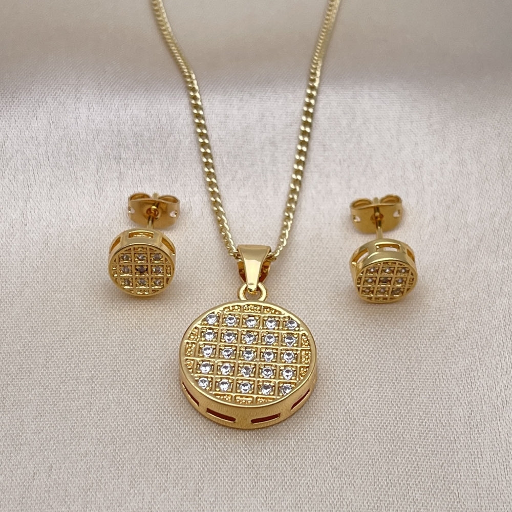 Oro Laminado Earring and Pendant Adult Set, Gold Filled Style with White Micro Pave, Polished, Golden Finish
