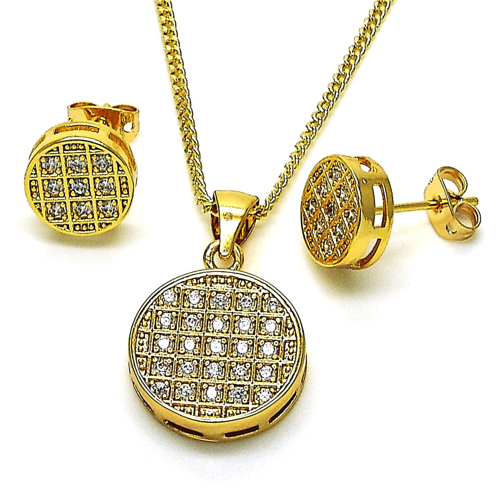 Oro Laminado Earring and Pendant Adult Set, Gold Filled Style with White Micro Pave, Polished, Golden Finish