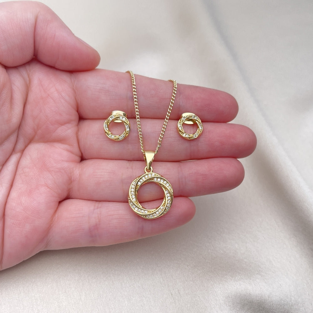 Oro Laminado Earring and Pendant Adult Set, Gold Filled Style with White Micro Pave, Polished, Golden Finish