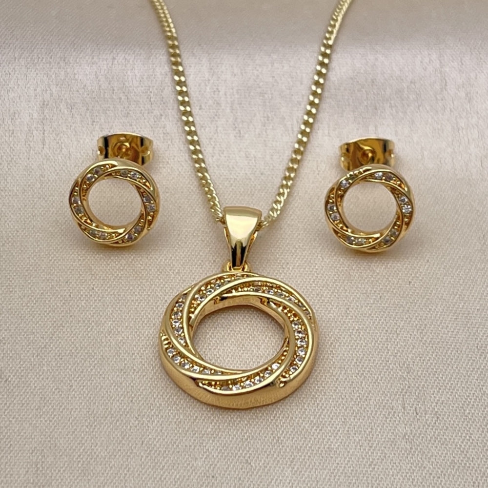 Oro Laminado Earring and Pendant Adult Set, Gold Filled Style with White Micro Pave, Polished, Golden Finish