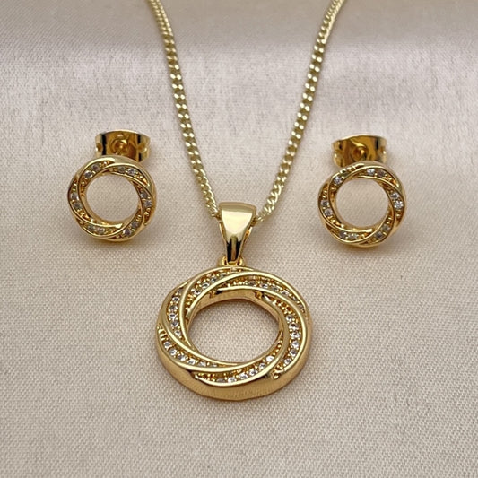 Oro Laminado Earring and Pendant Adult Set, Gold Filled Style with White Micro Pave, Polished, Golden Finish