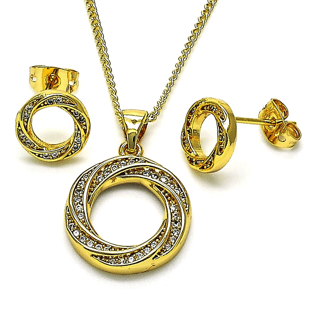Oro Laminado Earring and Pendant Adult Set, Gold Filled Style with White Micro Pave, Polished, Golden Finish