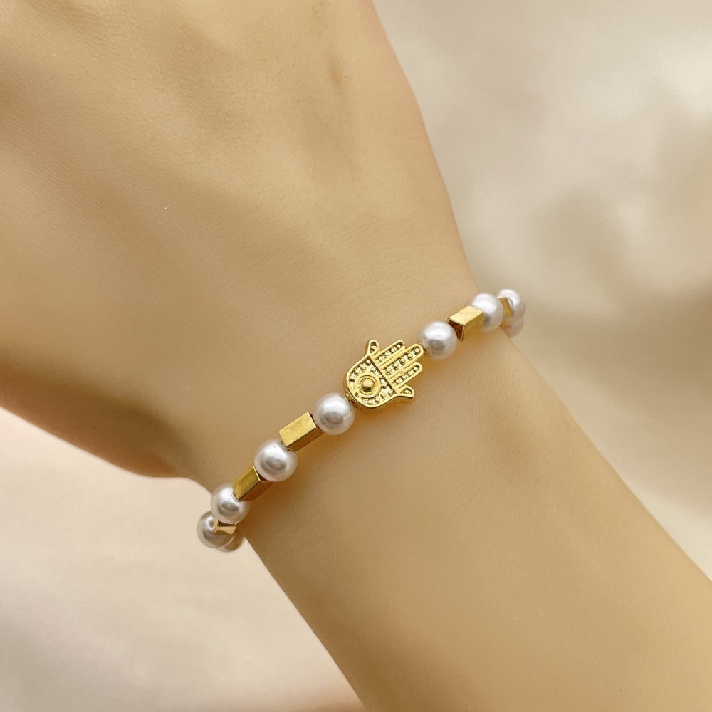 Oro Laminado Adjustable Bolo Bracelet, Gold Filled Style Hand of God and Ball Design, with White Pearl, Polished, Golden Finish