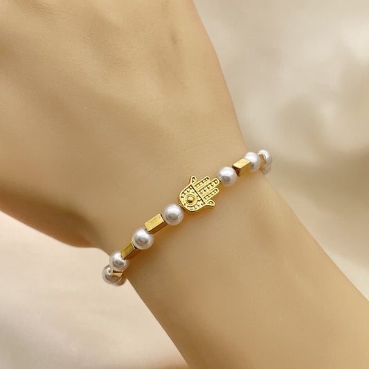 Oro Laminado Adjustable Bolo Bracelet, Gold Filled Style Hand of God and Ball Design, with White Pearl, Polished, Golden Finish