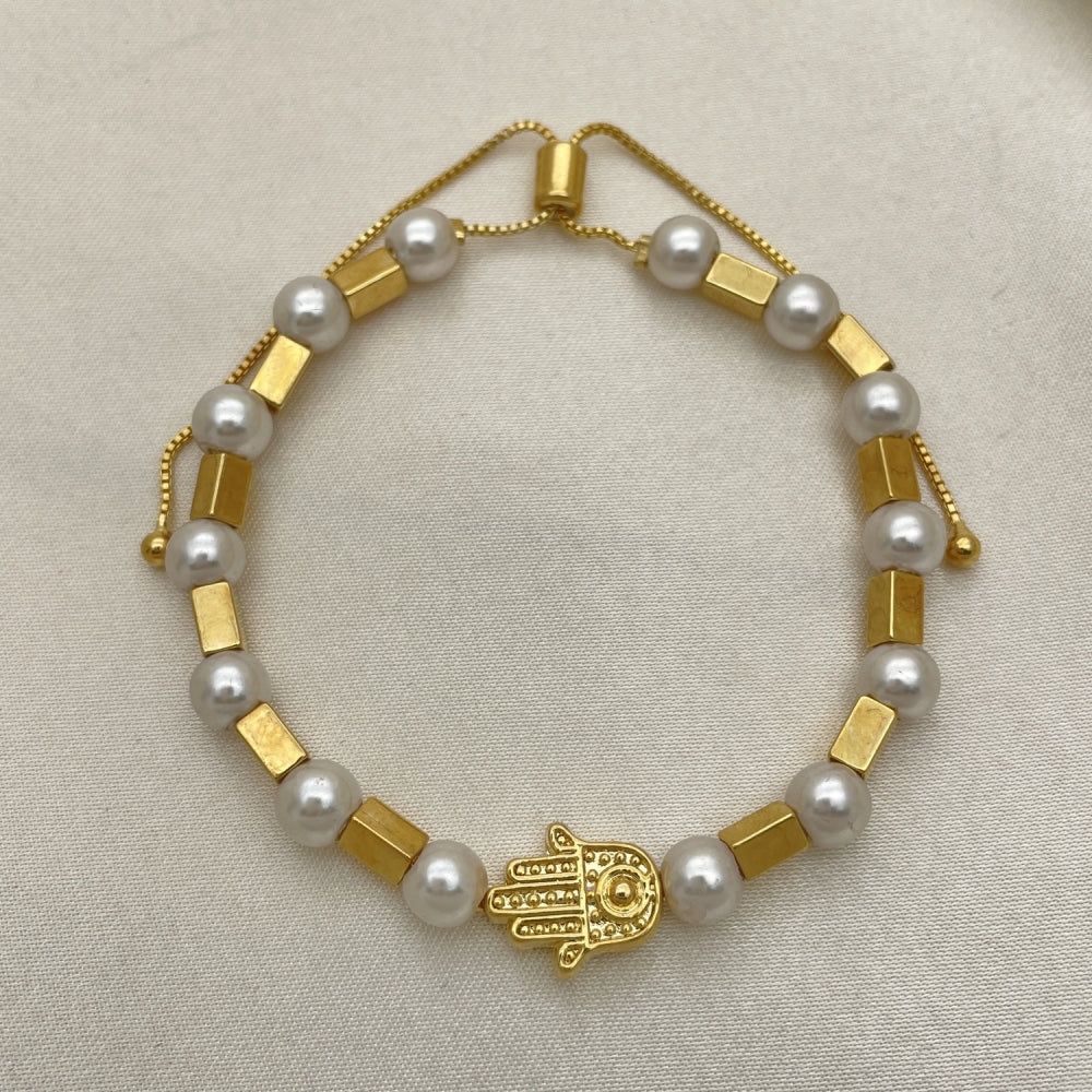 Oro Laminado Adjustable Bolo Bracelet, Gold Filled Style Hand of God and Ball Design, with White Pearl, Polished, Golden Finish