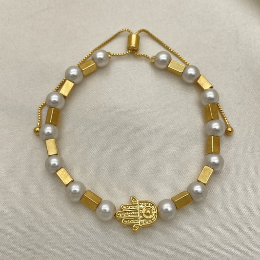Oro Laminado Adjustable Bolo Bracelet, Gold Filled Style Hand of God and Ball Design, with White Pearl, Polished, Golden Finish