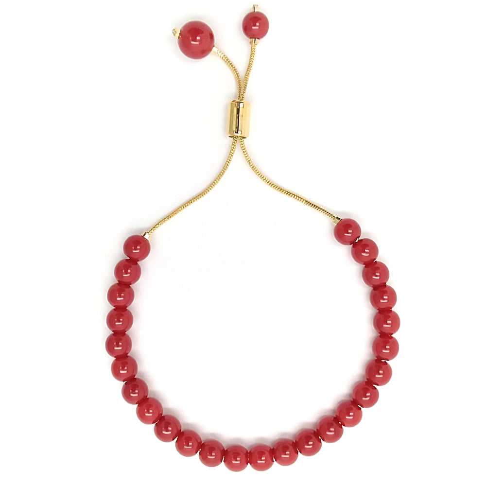 Oro Laminado Adjustable Bolo Bracelet, Gold Filled Style Ball Design, with Garnet Pearl, Polished, Golden Finish