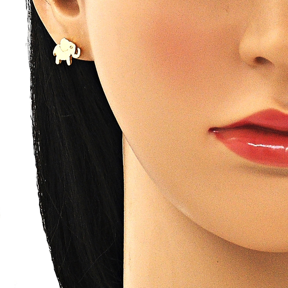 Oro Laminado Stud Earring, Gold Filled Style Elephant Design, Polished, Golden Finish