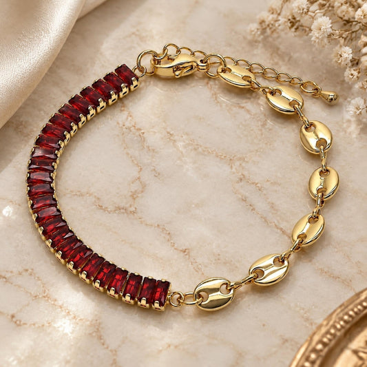 Oro Laminado Fancy Bracelet, Gold Filled Style Puff Mariner and Baguette Design, with Garnet Cubic Zirconia, Polished, Golden Finish