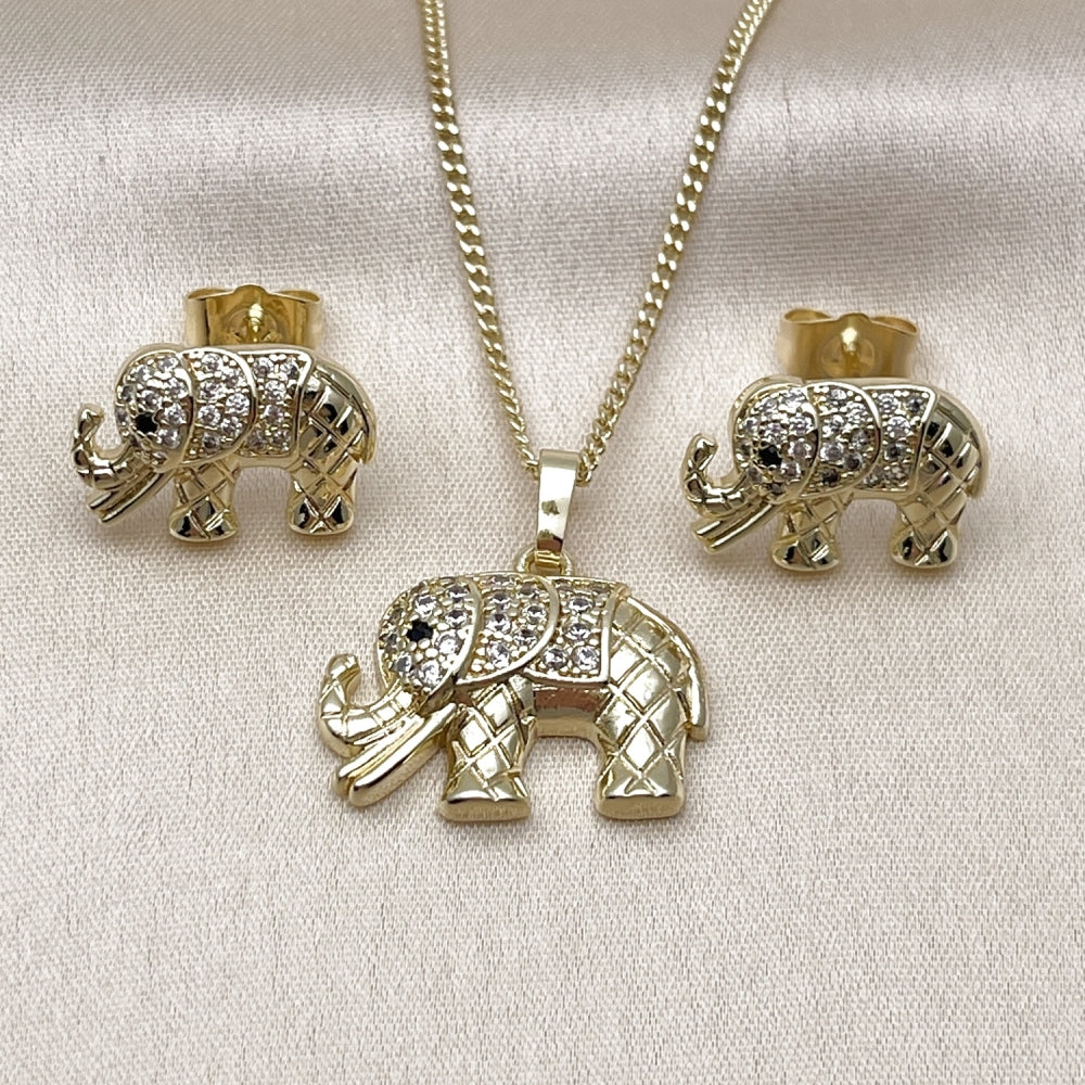 Oro Laminado Earring and Pendant Adult Set, Gold Filled Style Elephant Design, with White and Black Micro Pave, Polished, Golden Finish