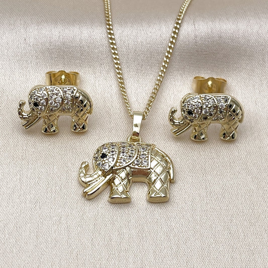 Oro Laminado Earring and Pendant Adult Set, Gold Filled Style Elephant Design, with White and Black Micro Pave, Polished, Golden Finish