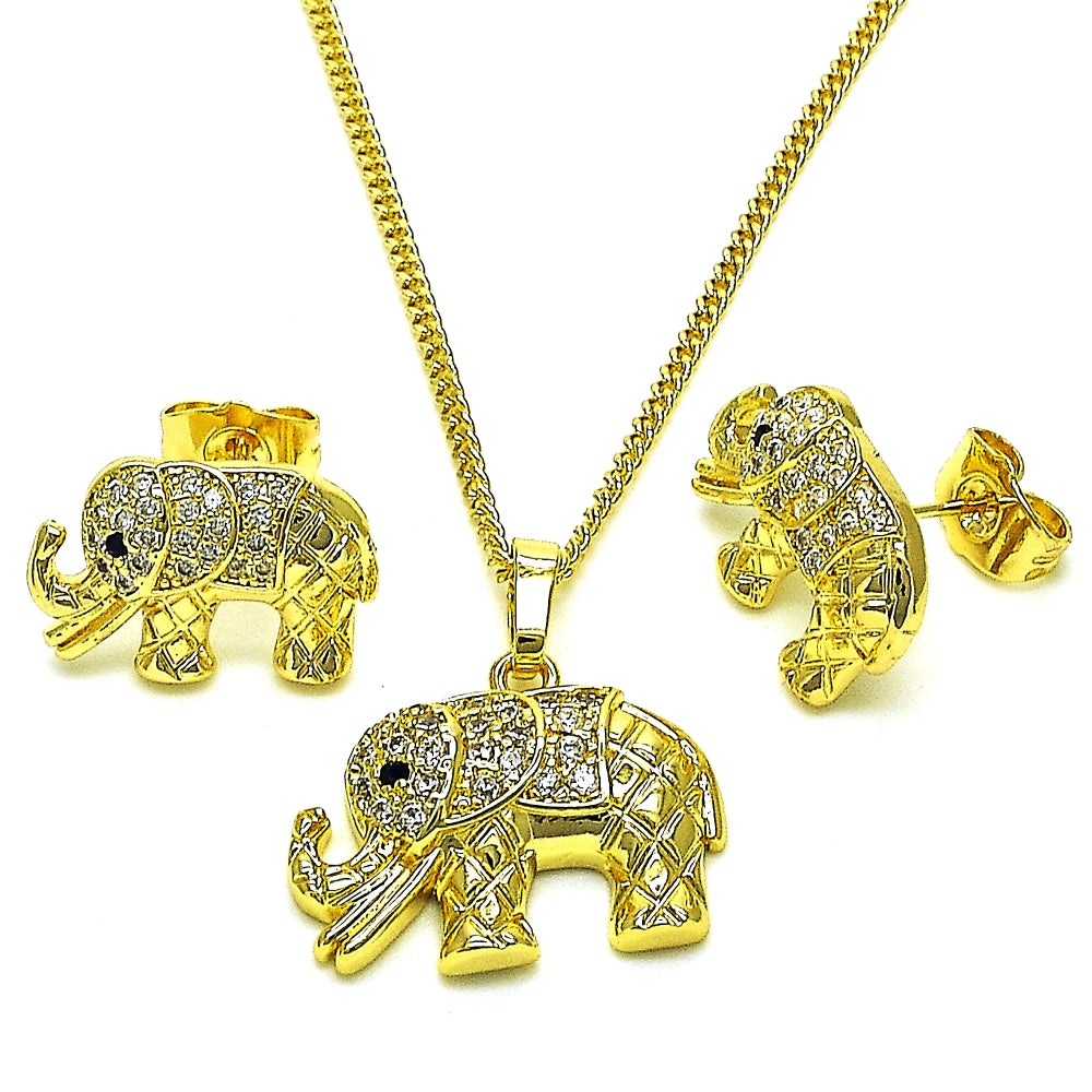 Oro Laminado Earring and Pendant Adult Set, Gold Filled Style Elephant Design, with White and Black Micro Pave, Polished, Golden Finish