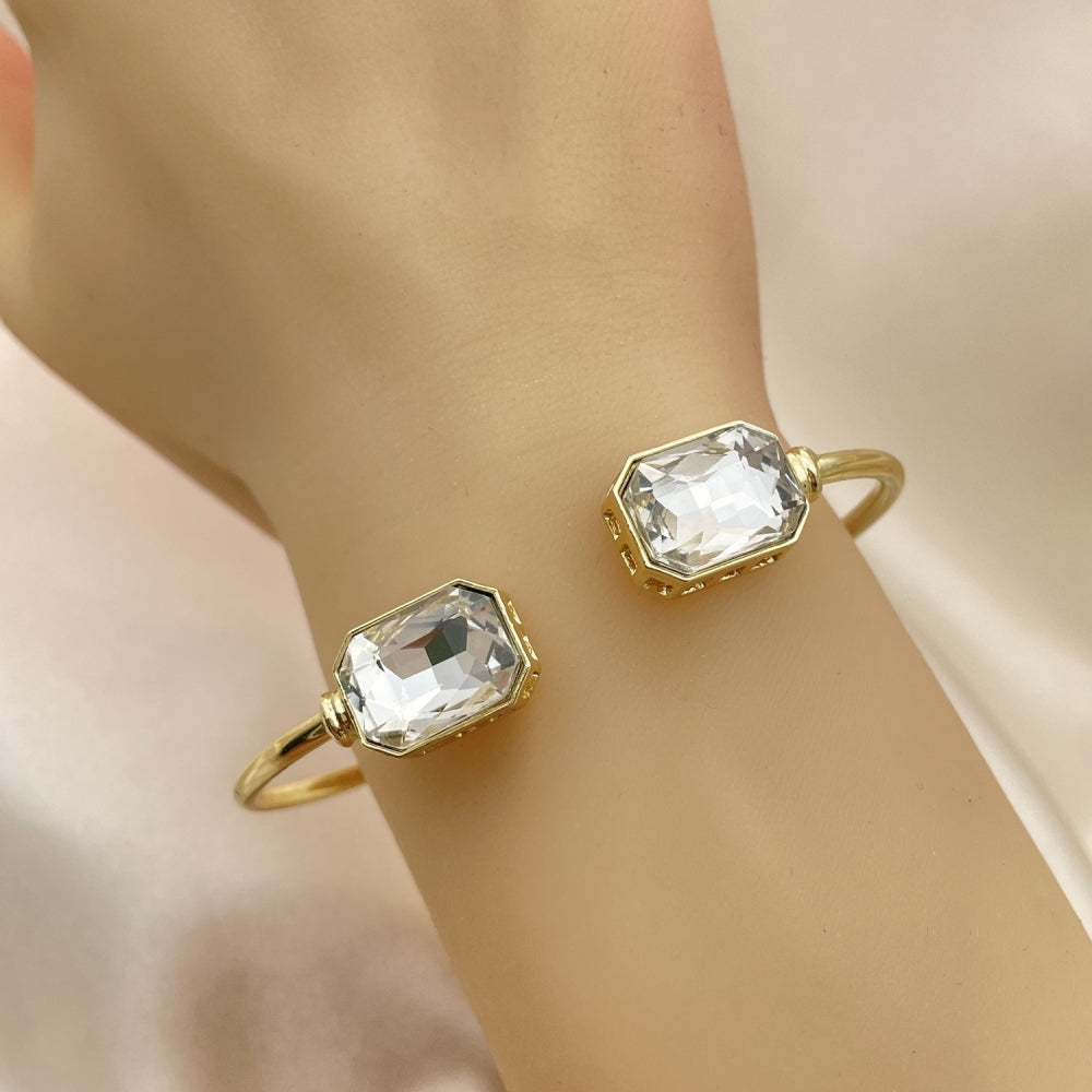 Oro Laminado Individual Bangle, Gold Filled Style with White Crystal, Polished, Golden Finish