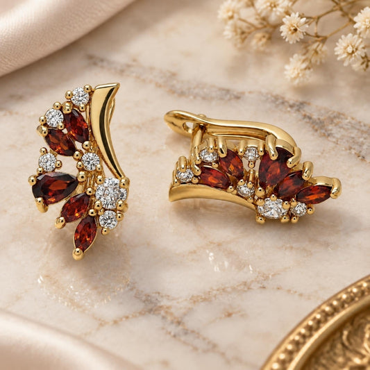 Oro Laminado Huggie Hoop, Gold Filled Style Wings and Teardrop Design, with Garnet and White Cubic Zirconia, Polished, Golden Finish