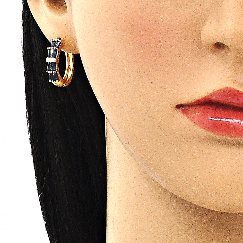 Oro Laminado Huggie Hoop, Gold Filled Style Baguette Design, with Sapphire Blue Cubic Zirconia, Polished, Golden Finish
